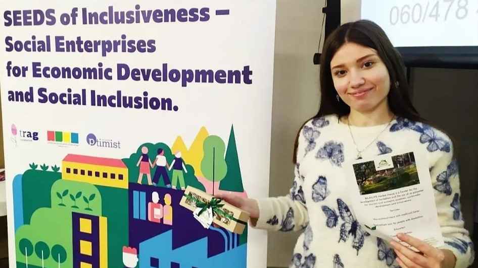 A photo of me at the social enterprises for economic development and social inclusion, a event in which our startup held a presentation explaining our idea.