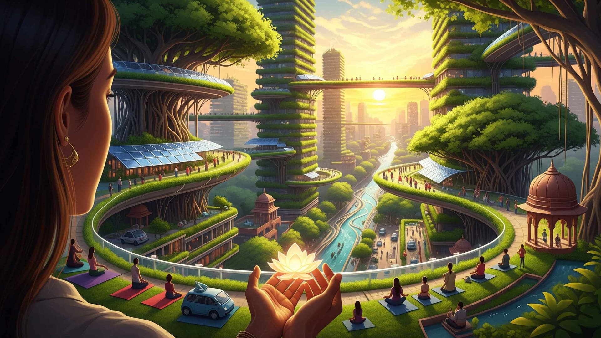 A woman viewing the world with security & hope, integrated with nature & advanced technology