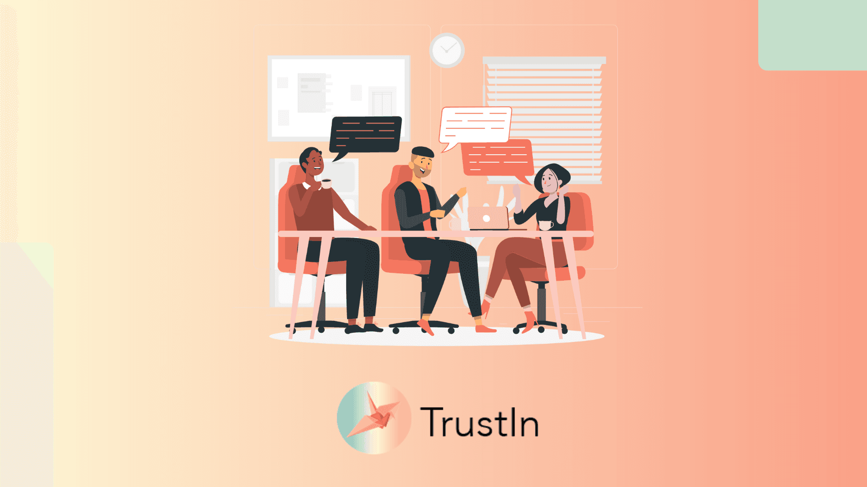 The image contains a graphic of a workplace where three employees are engaged in conversation. The TrustIn logo is at the bottom of the image. 