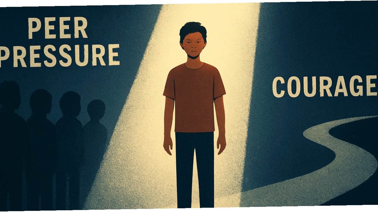 The image is a symbolic digital illustration of a Of a teenager standing in a ray of light with words written on both sides peer pressure and courage 