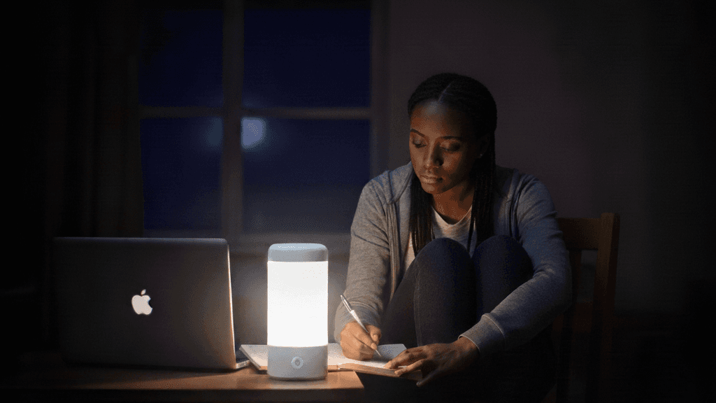 A student studying under a rechargeable lantern at night in her room with her laptop beside her as she writes in her note. 