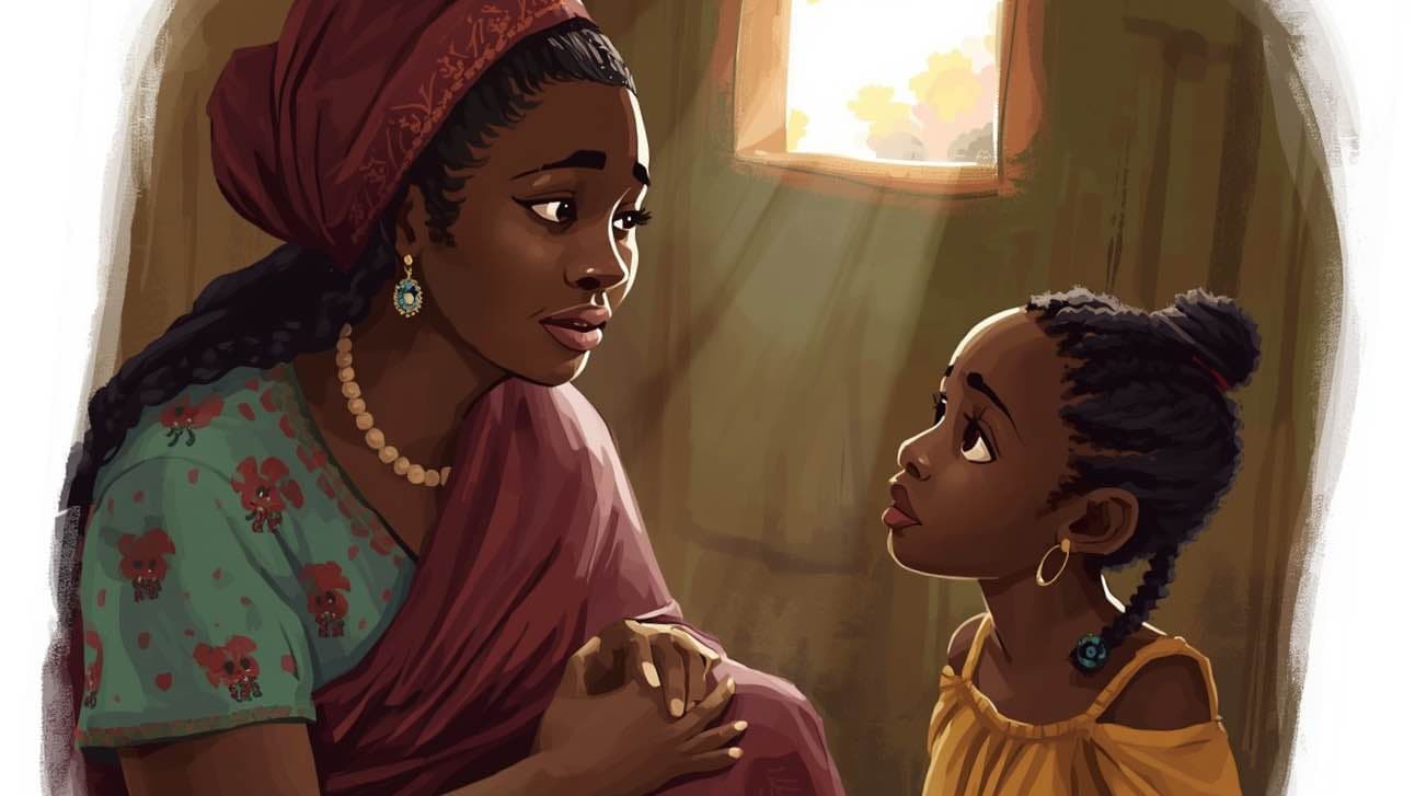 A mother speaking softly to her daughter in a modest home, her expression a mix of care and fear. The daughter listens with uncertainty. Sunlight filters through a small window. Warm, intimate tones, realistic illustration