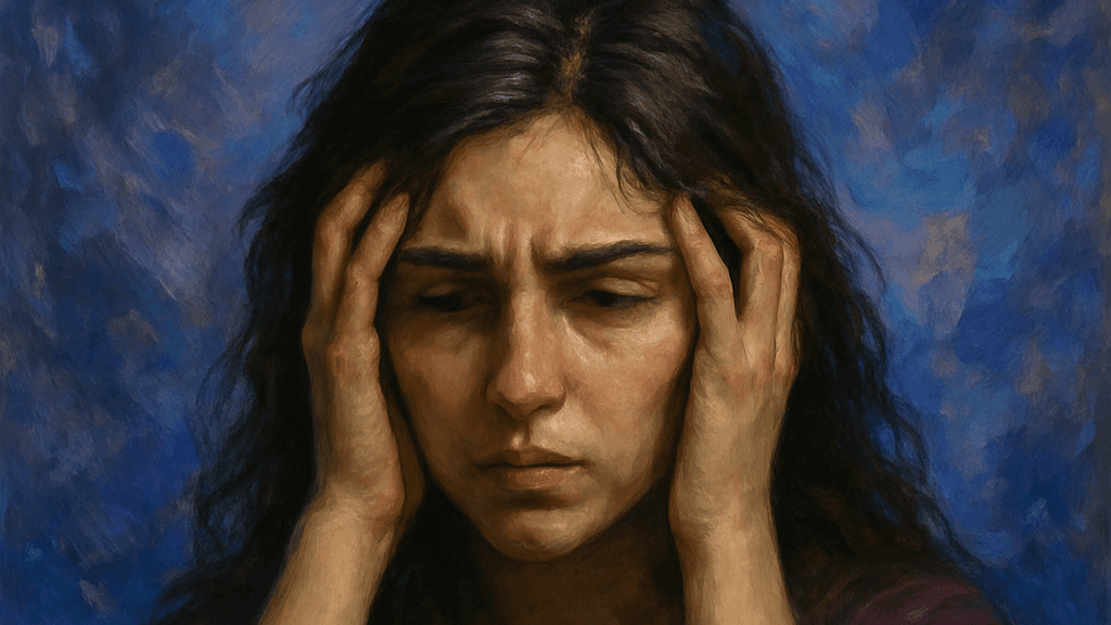 A young woman with dark, wavy hair holds her head in distress against a stormy, abstract background. Her eyes are closed, face tense, capturing deep emotional turmoil and inner conflict.