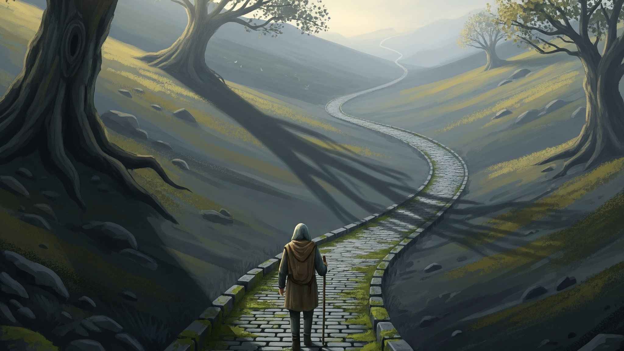 "A visual representation of the journey toward healing—a solitary path forward with a glimmer of hope on the horizon.