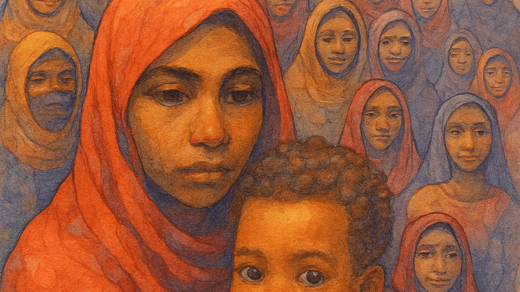 Refugee woman holding  her child .. in a background many women and refugee camp . 