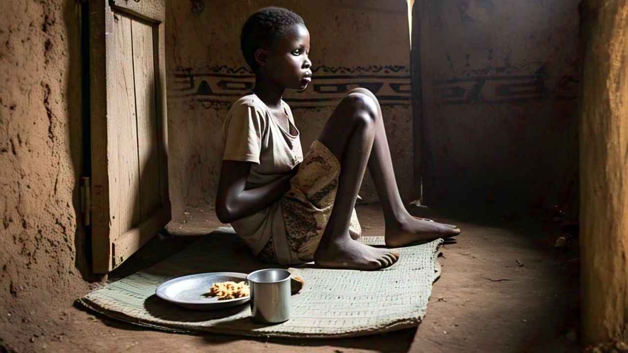 A 25-year-old girl with disability sits on a mat inside a small hut. She's surrounded by simple household items, including a metal cup and plate. The door is locked, emphasizing her isolation.