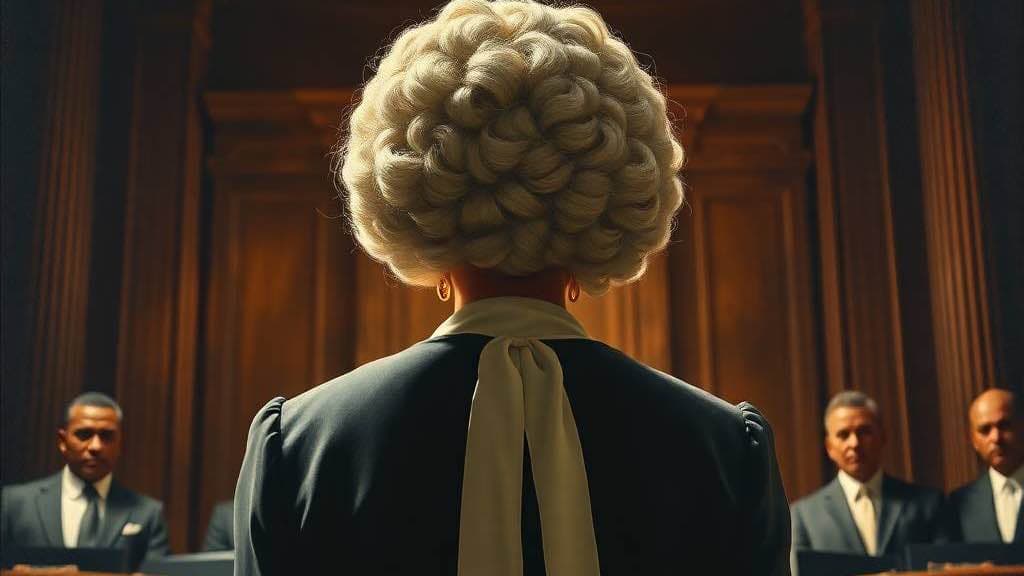 A powerful image of a female Cameroonian lawyer in a courtroom, her back to the viewer, facing a slightly blurred, imposing group of male figuresIn a court room