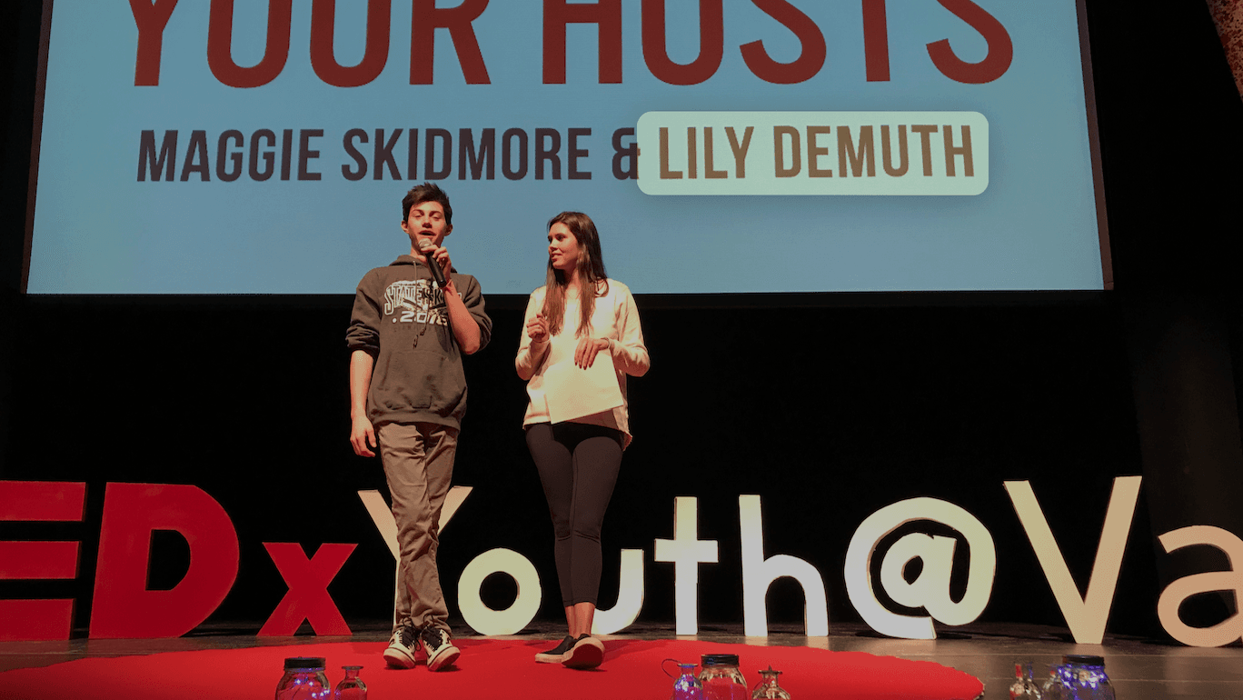 Hosting TEDxVailYouth, Troy and Lily share the stage