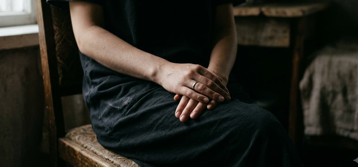 A close-up, cropped view of a person wearing a dark top and skirt, sitting in a chair with their hands resting together in their lap